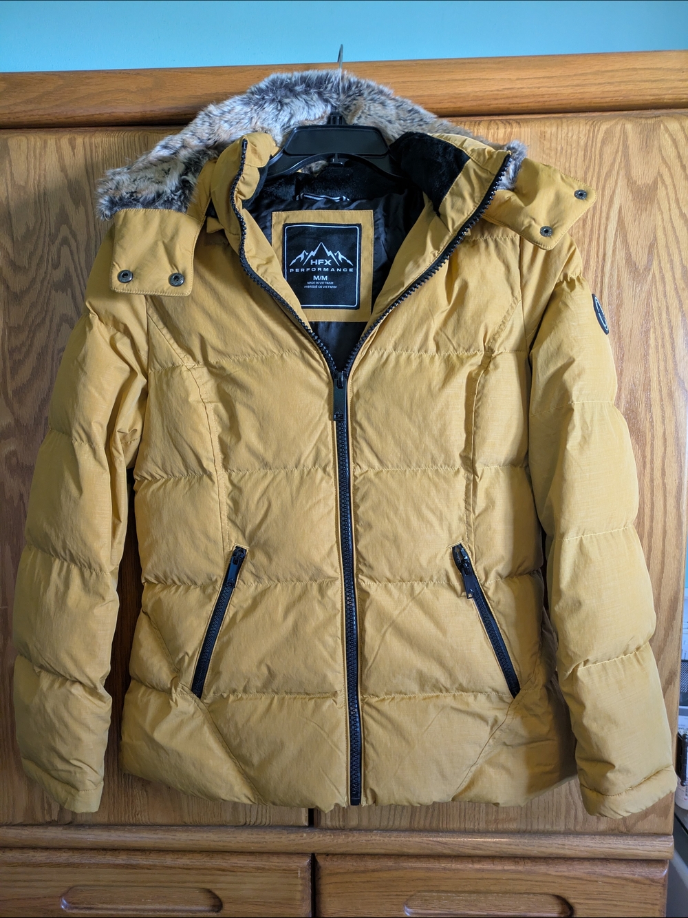 Women’s Quilted Puffer Jacket in Mustard Zip Off Faux Fur Hood